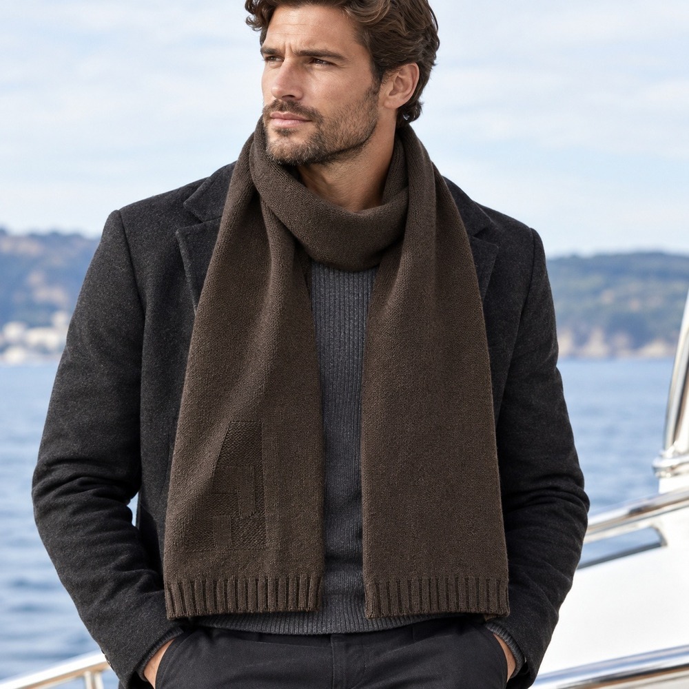 DIESEL Mens Brown Knit Scarf Ribbed Trim Tonal Logo Winter Neck Wrap 60 Inch